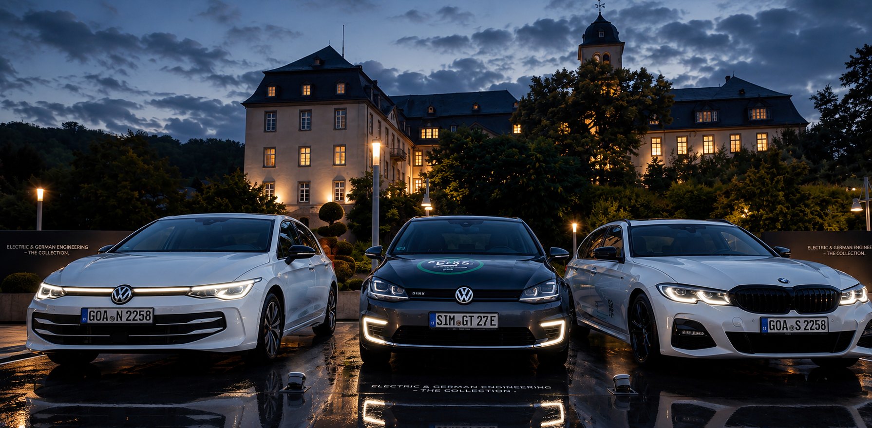 Der Fuhrpark der Fahrschule Tiemann und Esser – VW Golf und BMW 3er vor der Kurfürstlichen Burg in Boppard bei Nacht